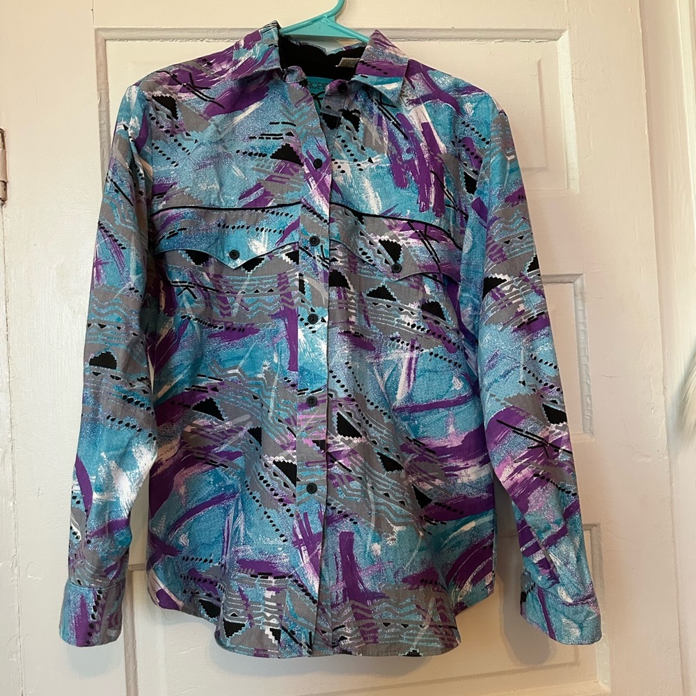Abstract Colorful Western Blue Purple Black Button Up 
Men’s Small